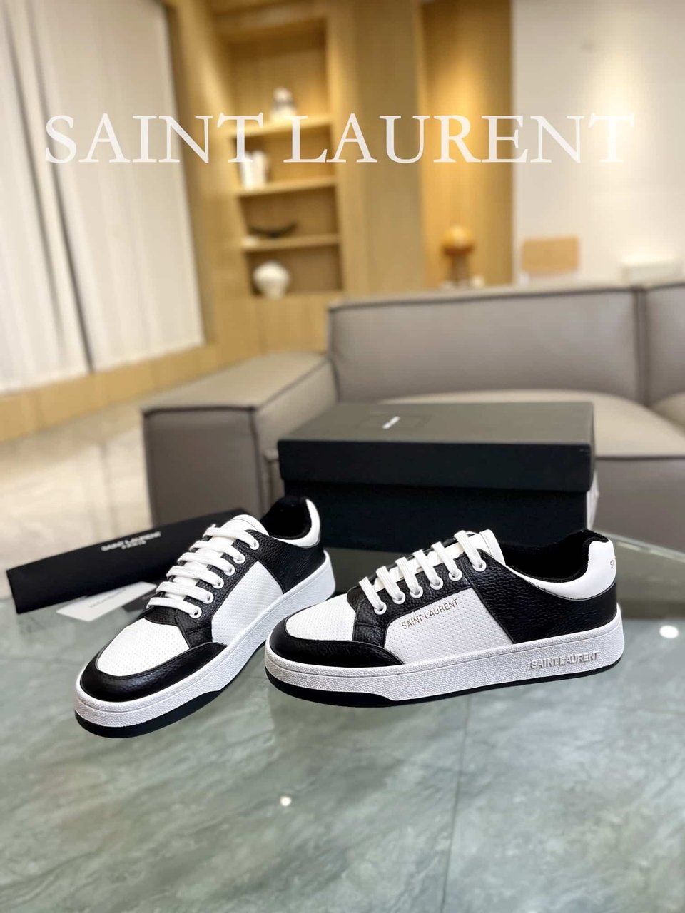 Saint Laurent Perforated Leather Sneakers Black And White view 8