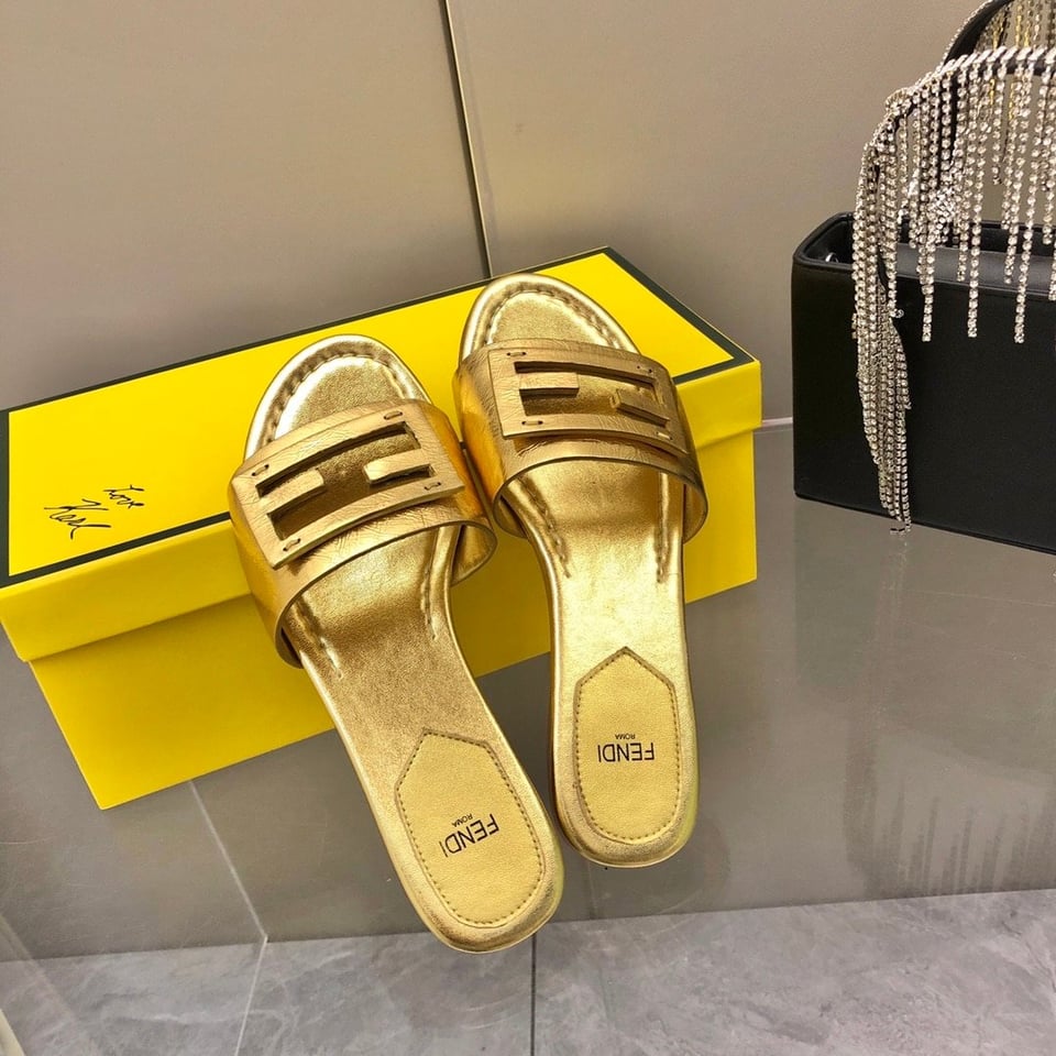Fendi Baguette Gold Nappa Leather Slides 8R8136Ai16F0Xv6 view 9