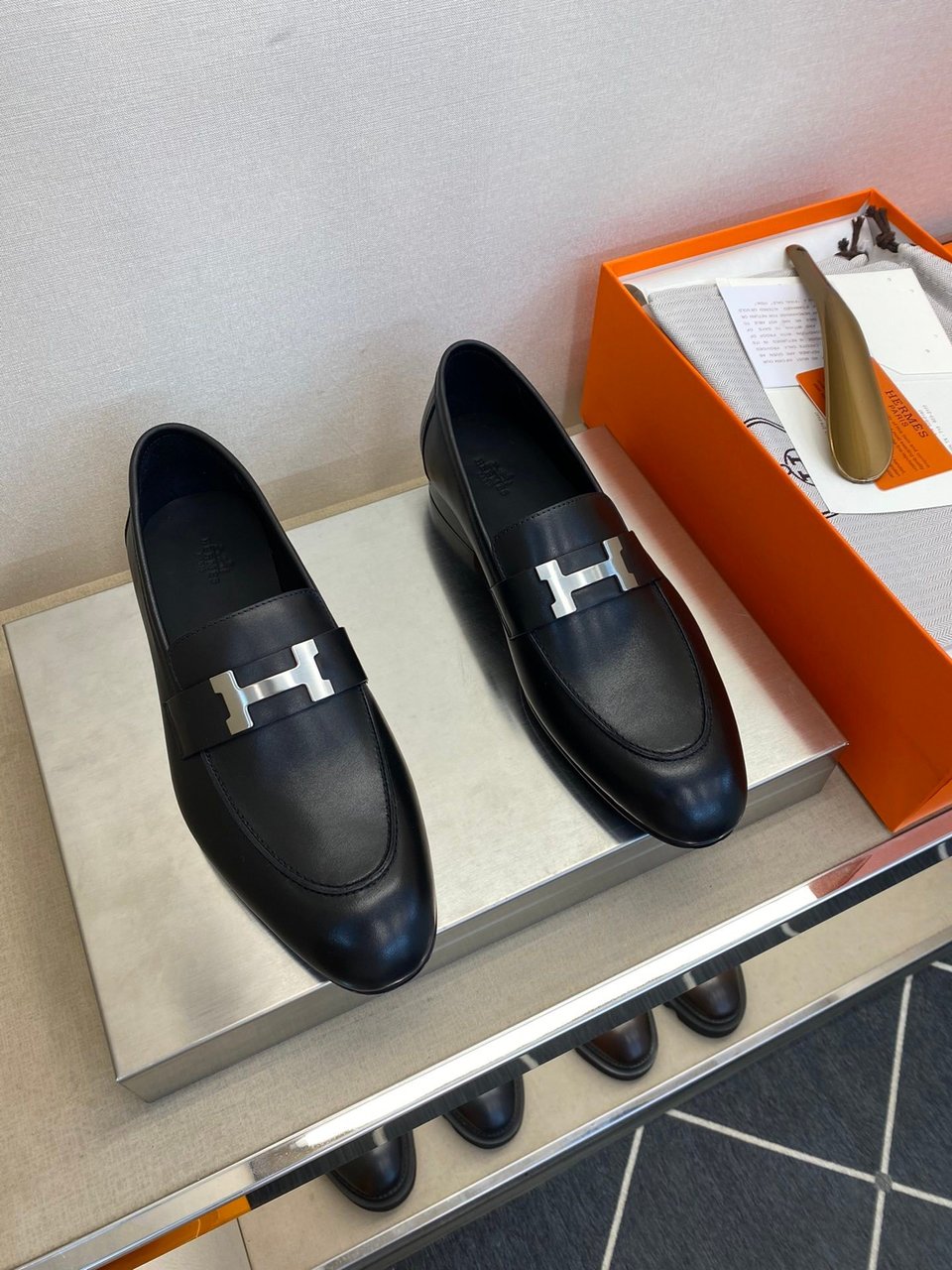 Hermes H-Buckle Black Smooth Leather Loafers- Shoes for Men view 2