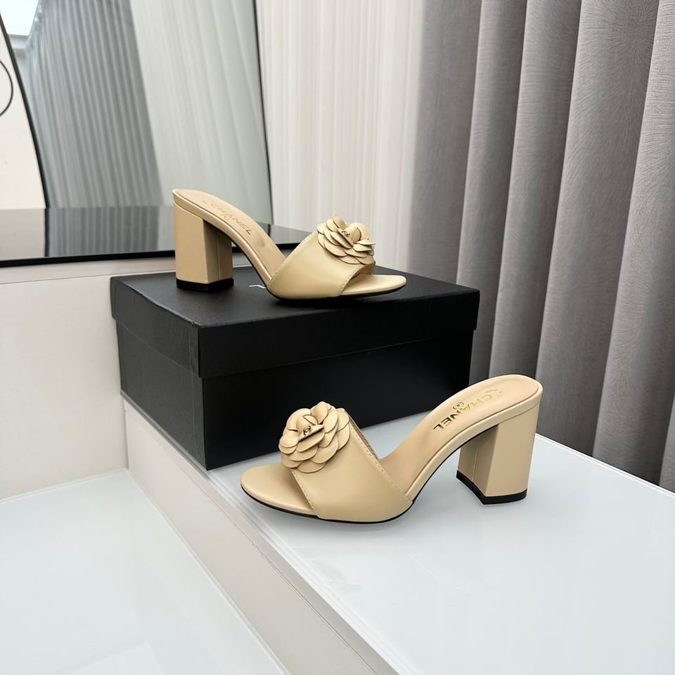 Chanel Camellia Medium Heel Slippers Beige view 7