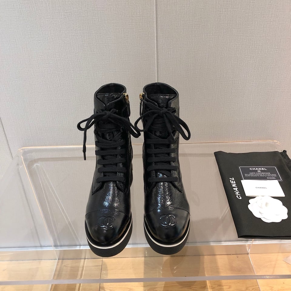 Chanel White Logo Crinkled Leather Combat Boots For Women view 8