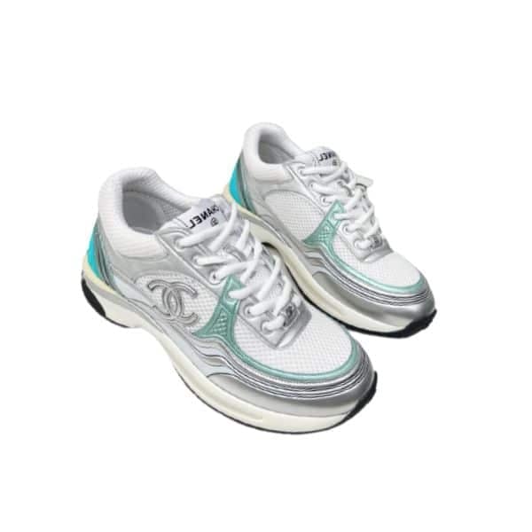 Chanel 23C Silver Metallic Cc Logo Lace Up Flat Runner Trainer Sneaker White Turquoise view 2