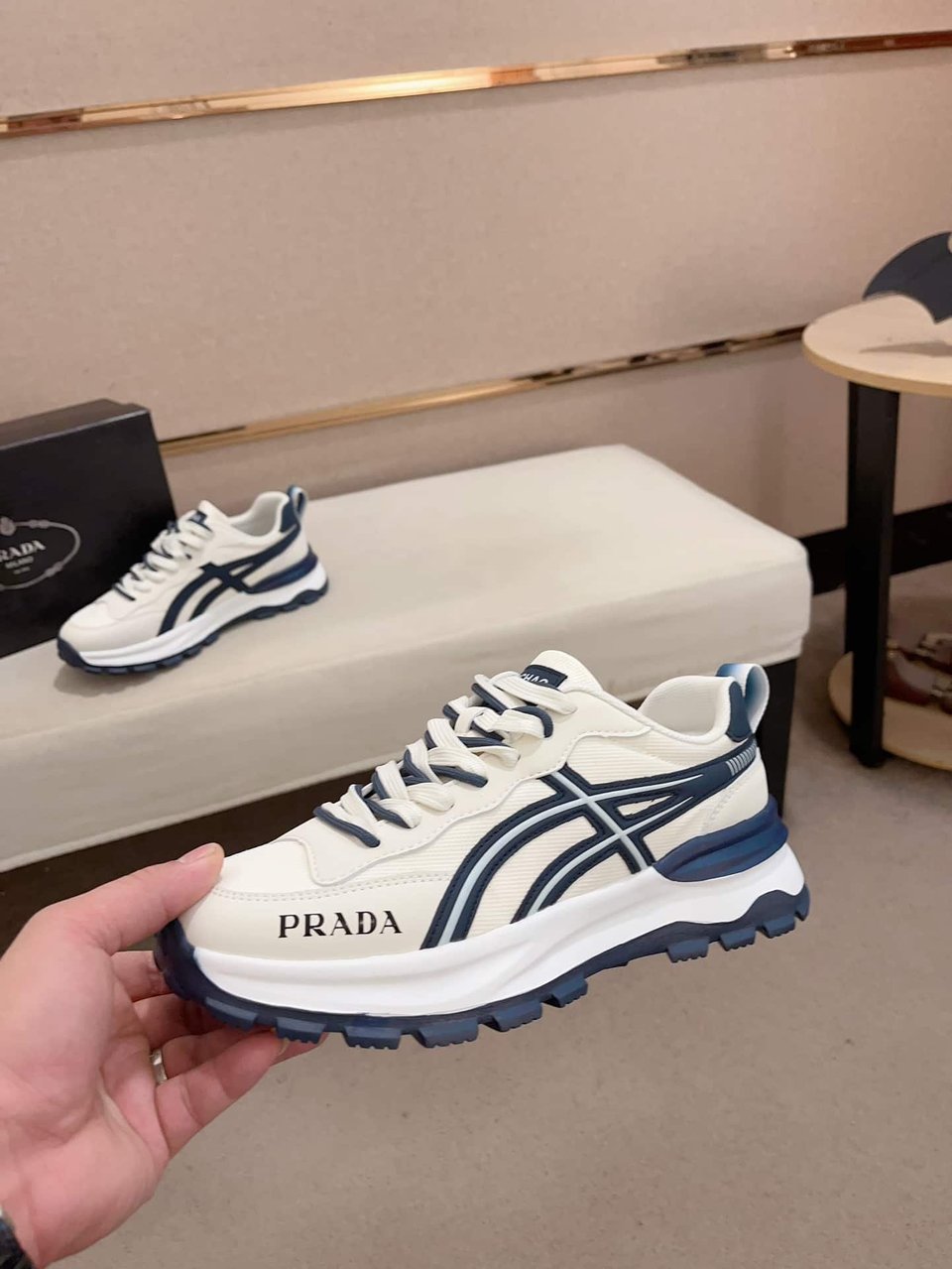 Prada Sport Sneakers Curved Line Blue And Beige view 4