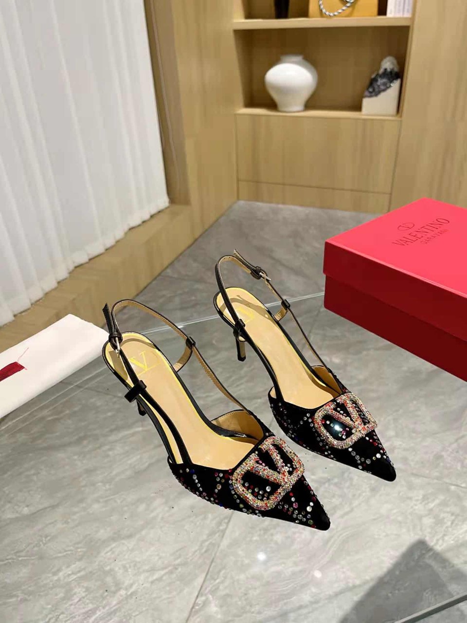 Valentino Vlogo Signature Back Strap Crystal High Heels Black view 5