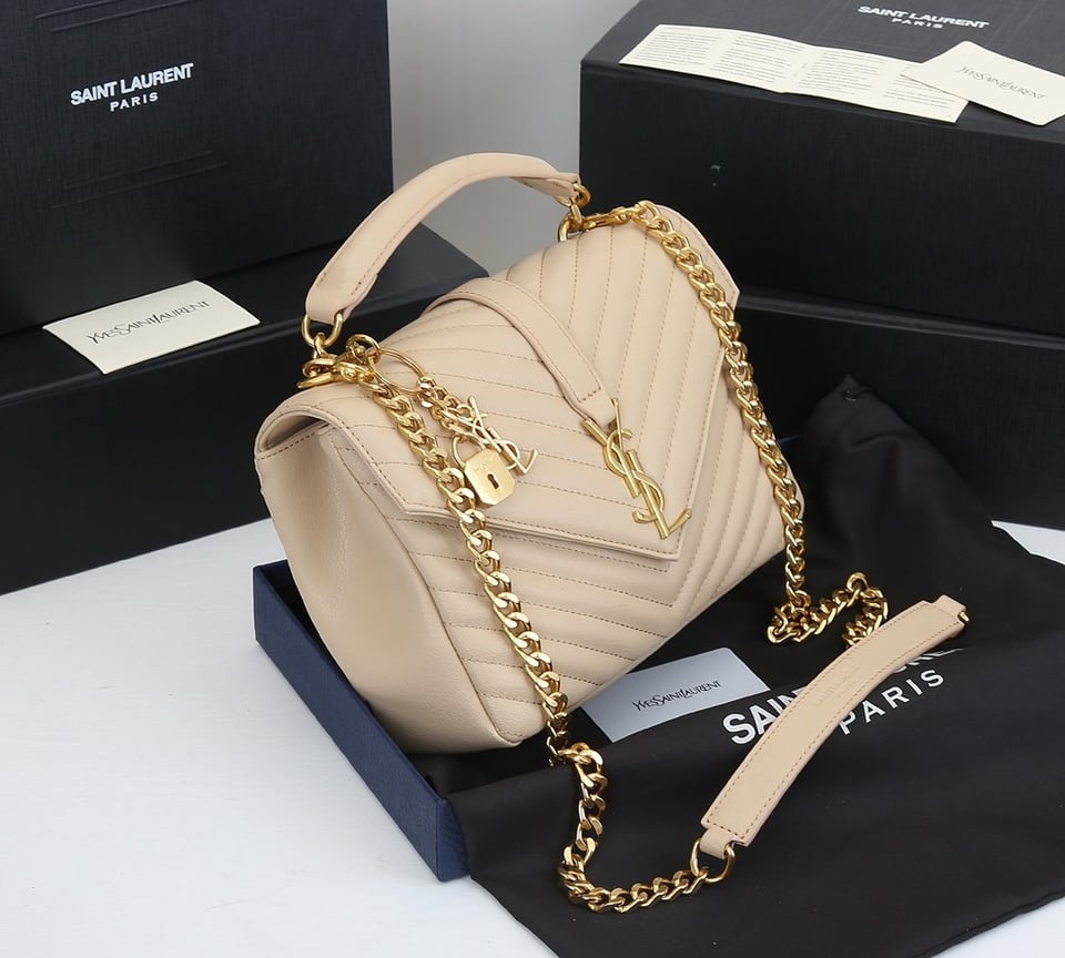 Saint Laurent Collège Medium Chain Bag In Quilted Leather Beige 24Cm view 6
