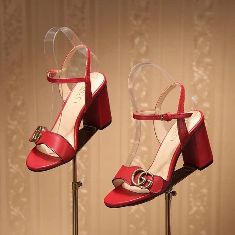 Gucci Leather Mid Heel Sandal Red view 6