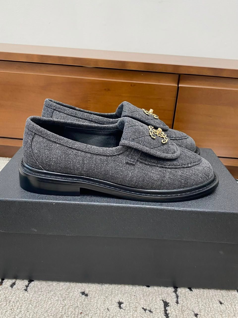 Chanel Quilted Fabric Loafers with CC Chain Logo Dark Grey G39834 view 3