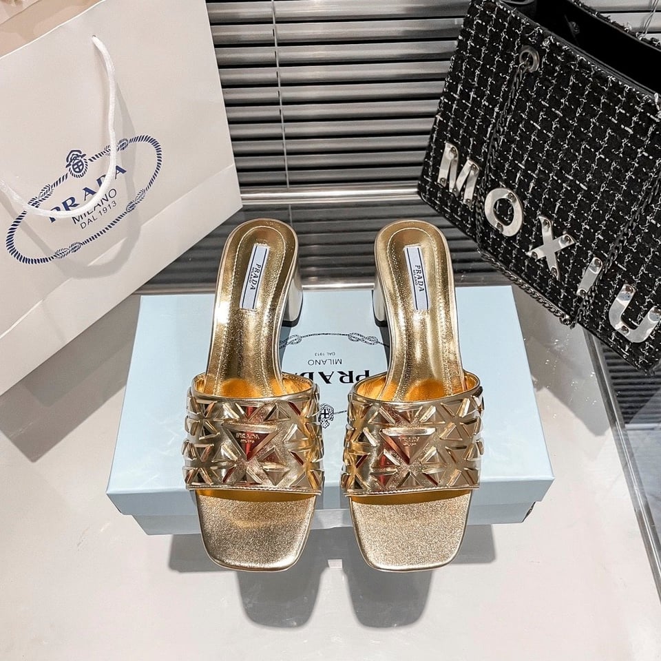 Prada Ciabatte Spazzolato Borchie Sandals Gold view 10