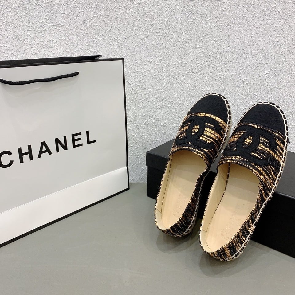 Chanel Metallic Tweed Grosgrain Cc Espadrilles Slip On Gold Black view 6