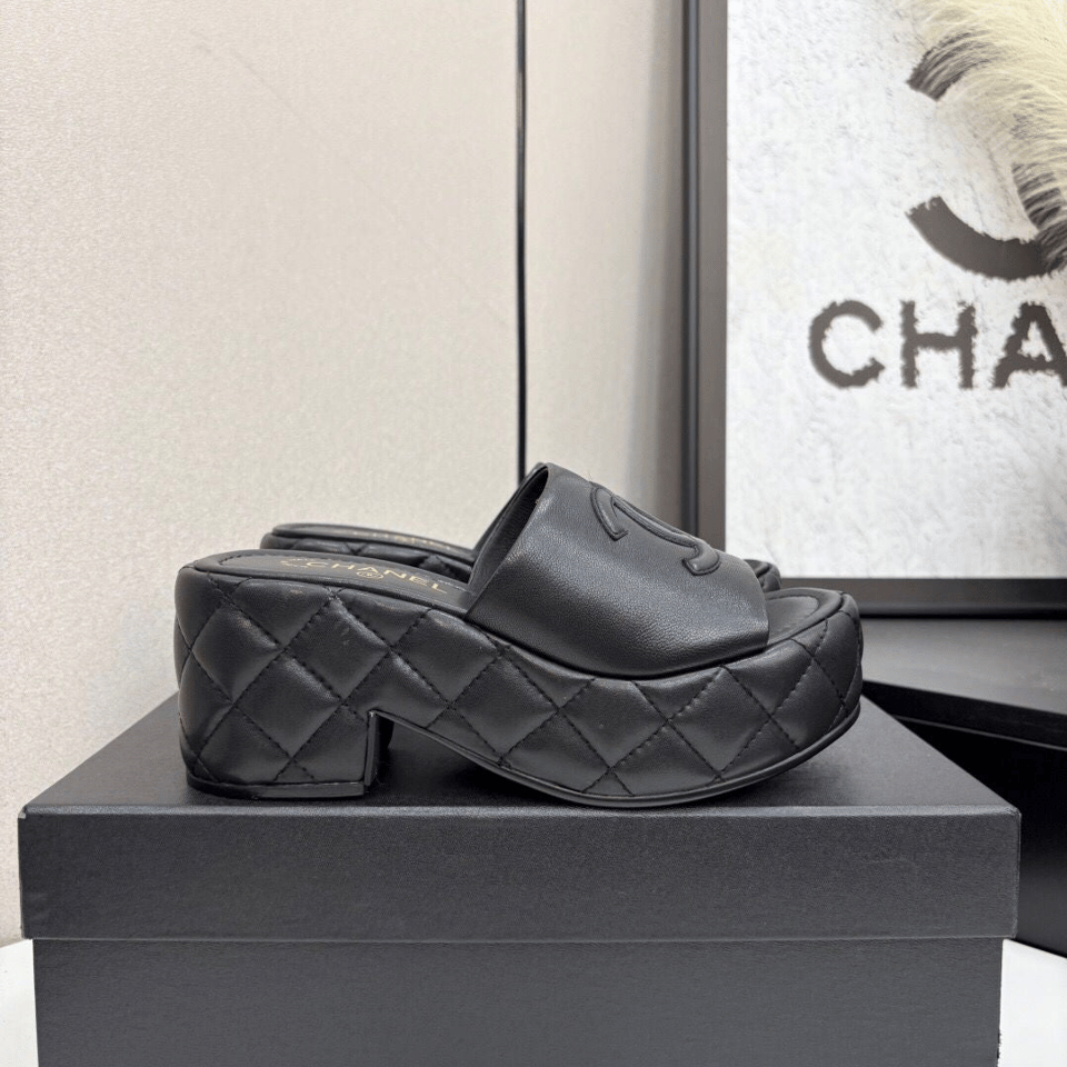Chanel CC Embossed Logo High Heel Mules in Black Quilted Calfskin view 4