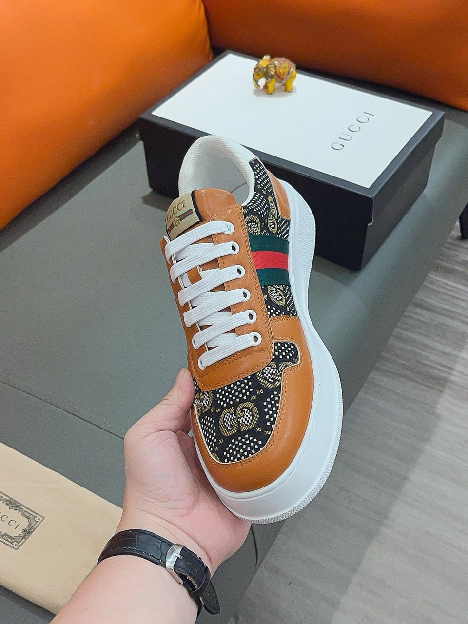 Gucci Screener Gg High Top Sneaker Leather With Orange view 6