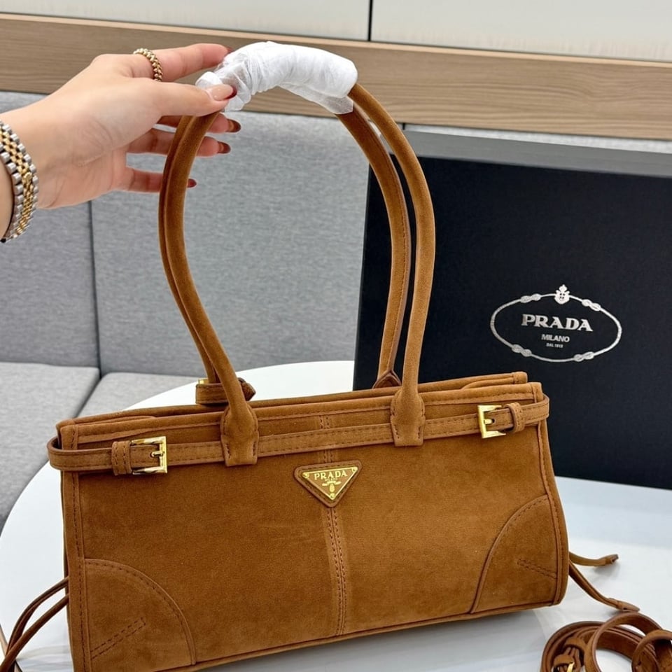 Prada Medium Suede Handbag Cinnamon 32Cm view 3