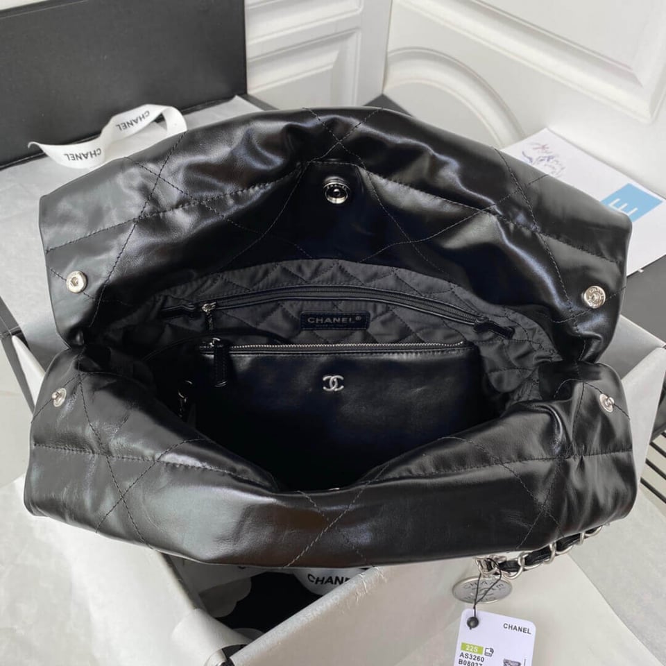 Chanel 22 Small Handbag Shiny Calfskin Black Silver view 7