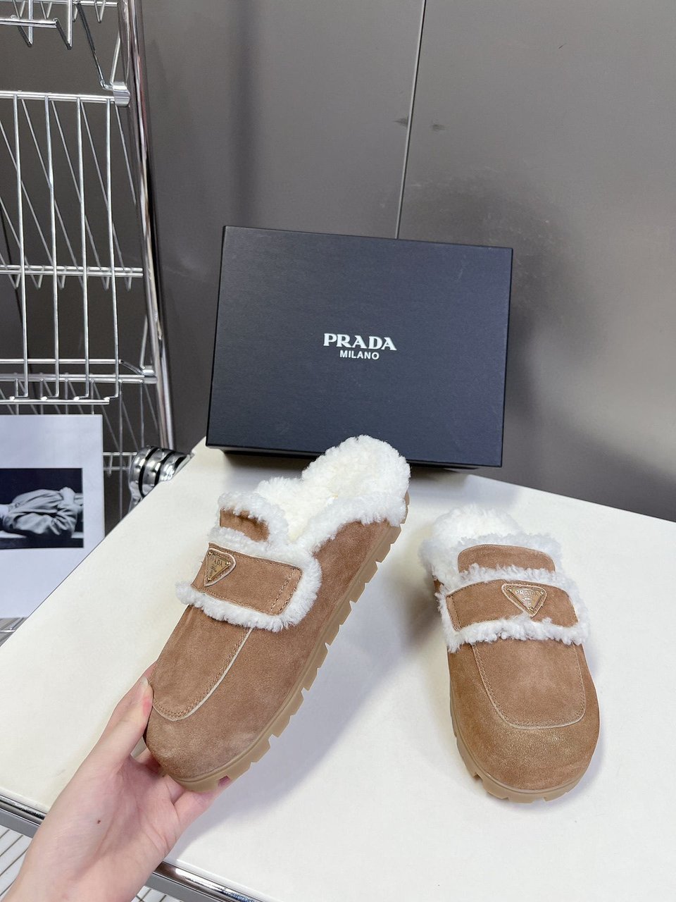 Prada Suede And Shearling Slippers Ecru 1S711M X0O F0379 F Zg20 view 5