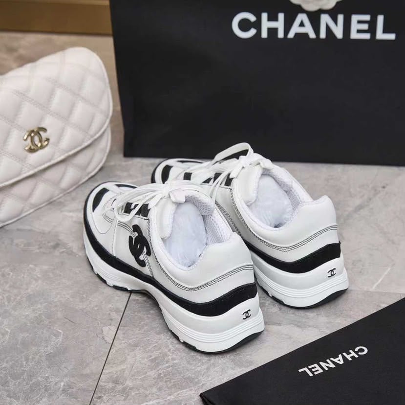 Chanel Lace Up Sneakers White Black view 7