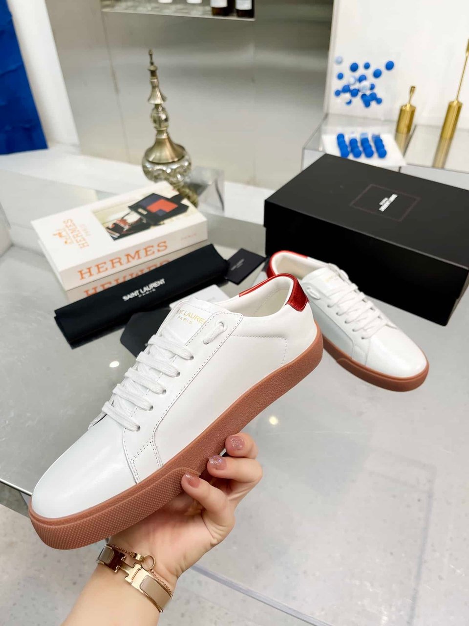 Saint Laurent Court Classic Embroidered Sneakers White And Red view 8