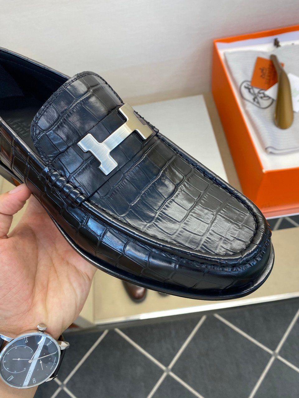 Hermès Iconic H Buckle Alligator Leather Loafers Black- Shoes for Men view 12