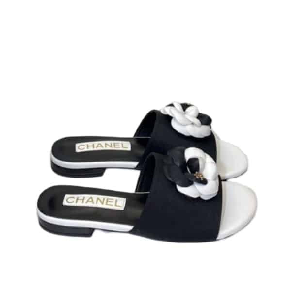Chanel Camellia Slides Black White view 2