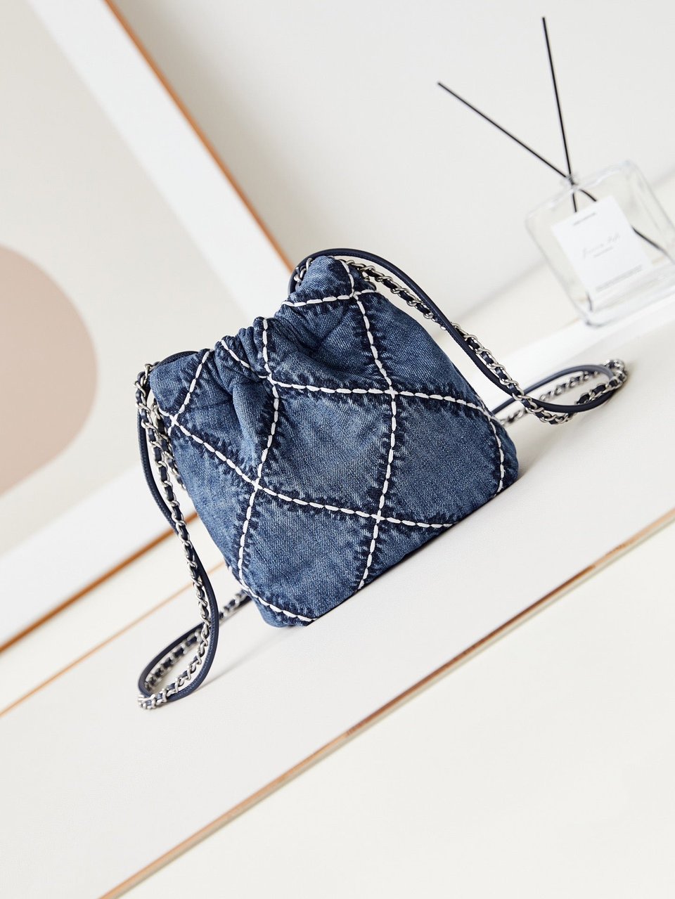 Chanel 22 Mini Backpack Stitched Blue Denim Silver Hardware view 4