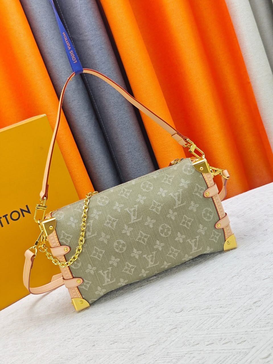 Louis Vuitton East West MM Side Trunk Bag Khaki Denim 28cm M27451 view 3
