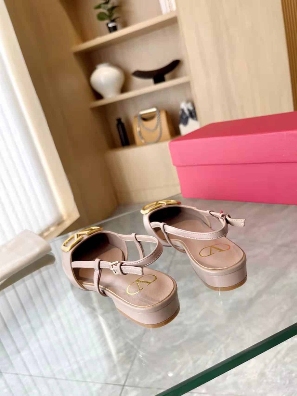 Valentino Garavani V Logo Leather Slingback Flats Beige view 6