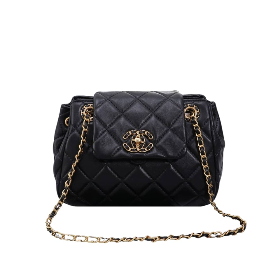 Chanel Mix Accordion Cc Flap Bag Quilted Glazed Calfskin Black 23Cm