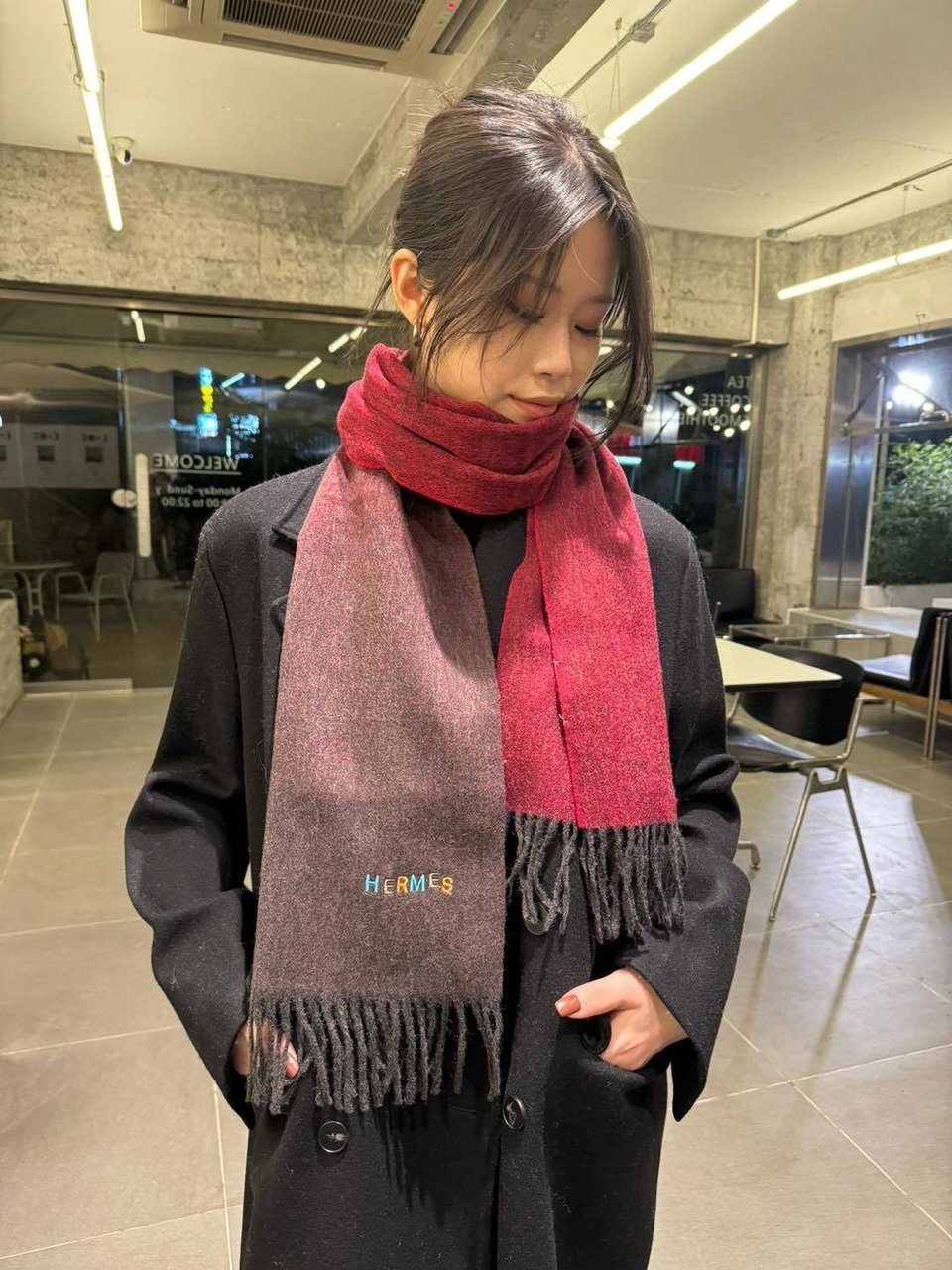 Hermes Cashmere Blanket Scarf Burgundy For Women 180cm view 6