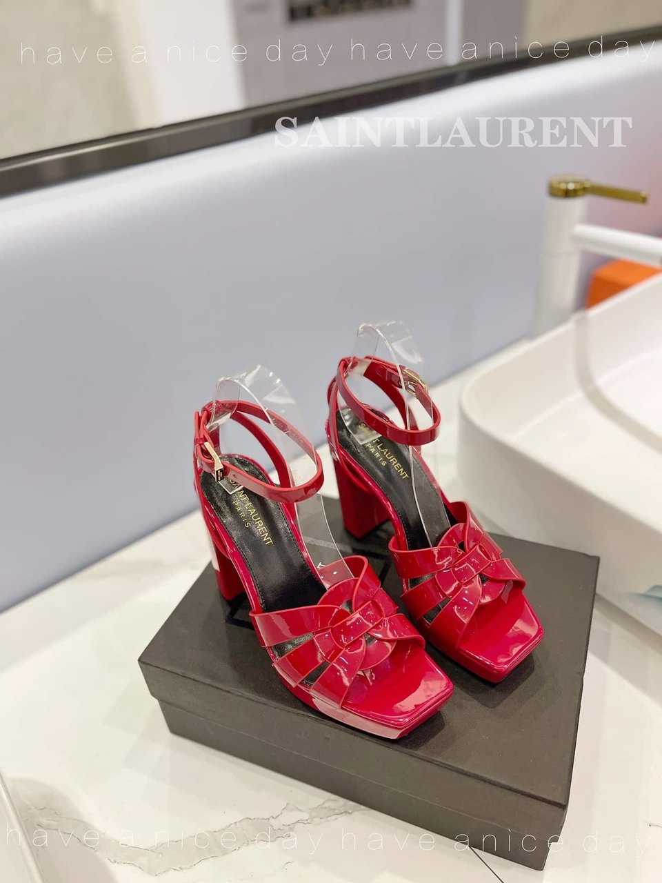 Saint Laurent Tribute Platform Sandals In Patent Leather Red view 3