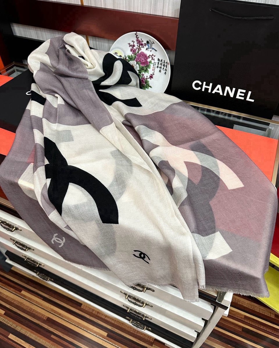 Chanel Silk Shawl CC Logo Colorblock Grey – White For Women 200cm view 5