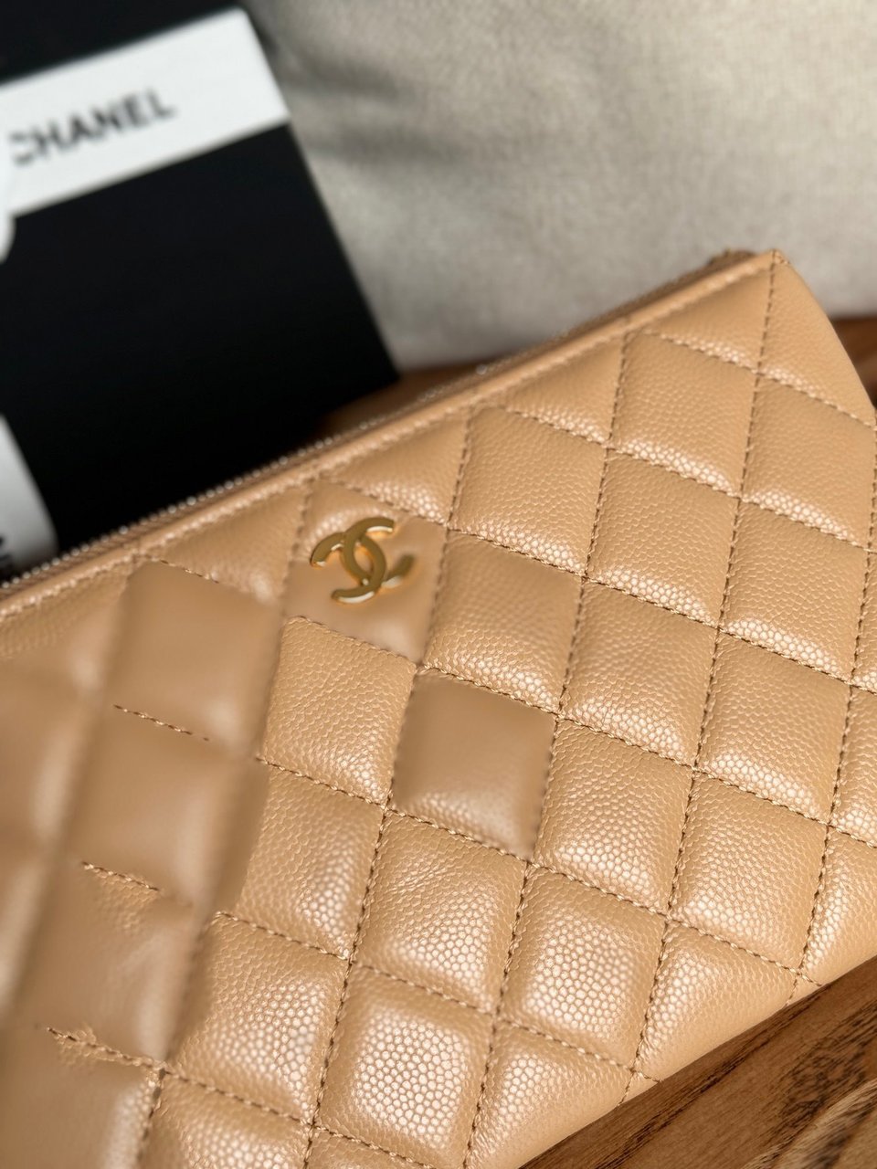 Chanel Zipped Wallet 20Cm Dark Beige Quilted Caviar Gold Hardware view 4