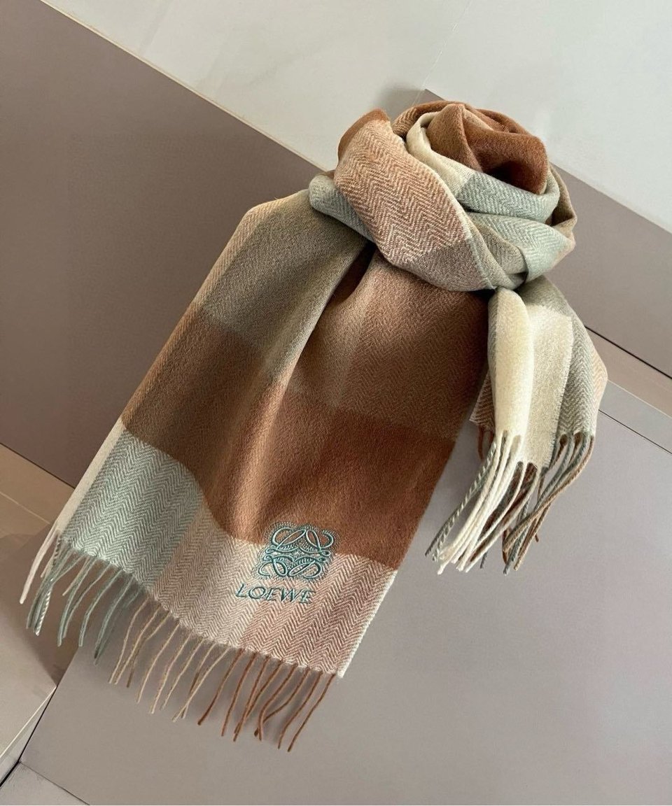 Loewe Cashmere Scarf Check Brown Green For Women 180cm view 3