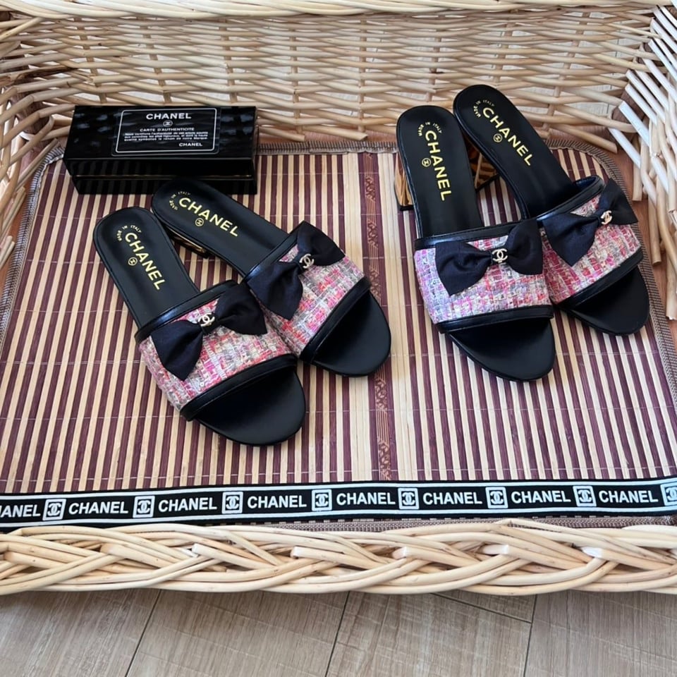 Chanel Grosgrain Ribbon Bow Mule Tweed Pink G45691 view 9