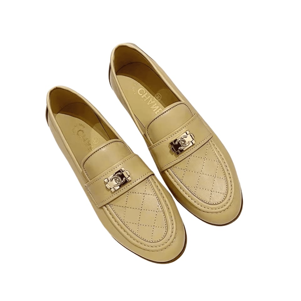 Chanel 20B Quilted Boy Lego Metal Logo Gold Mule Slip On Flat Loafers Beige view 2