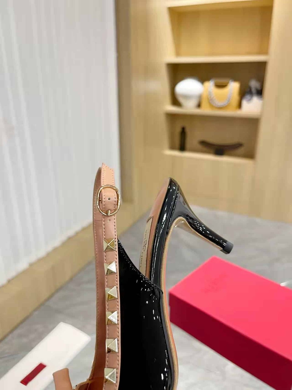 Valentino Rockstud Bow Slingback Pump In Patent Leather With Matching Studs Beige And Black view 3