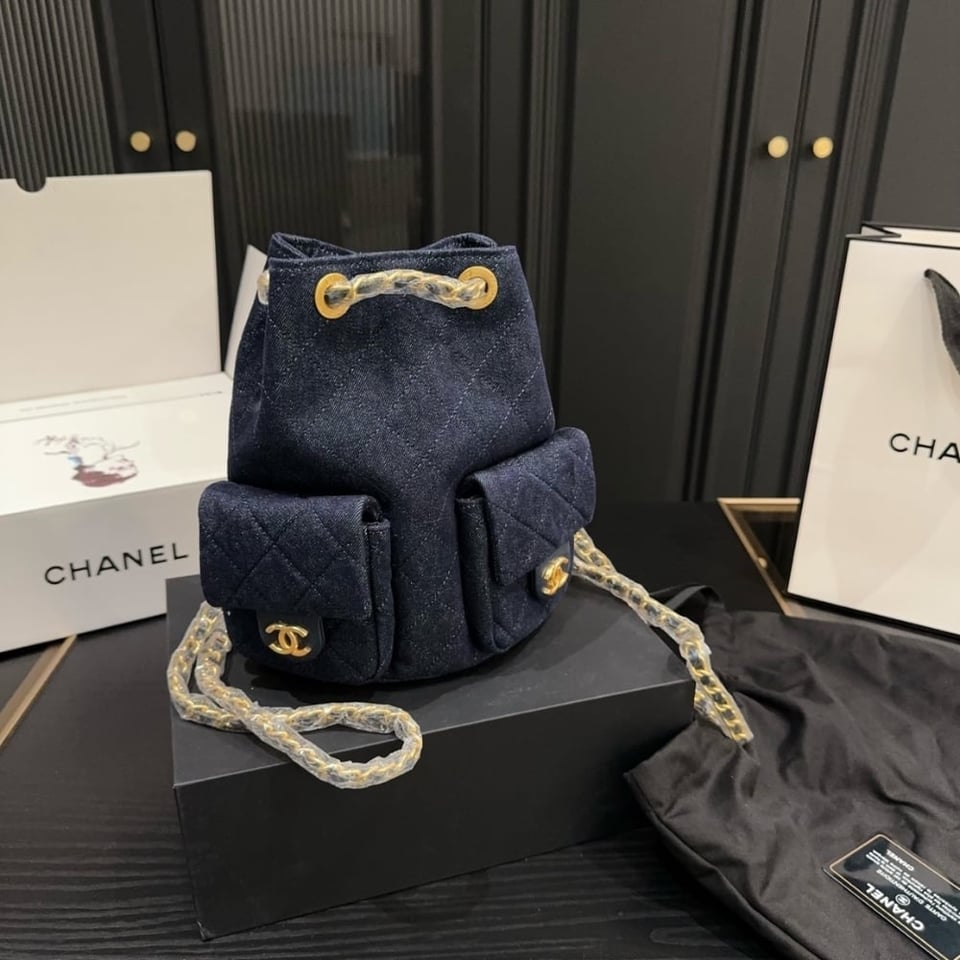 Chanel 25C Gold Tone Metal Denim Backpack Navy Blue 24Cm/10in view 3