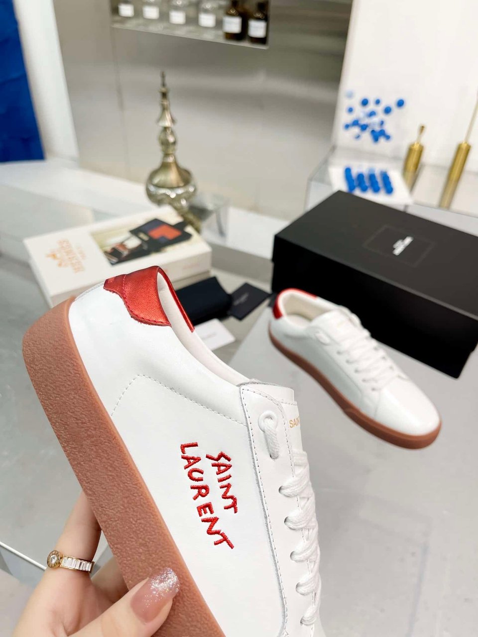 Saint Laurent Court Classic Embroidered Sneakers White And Red view 6