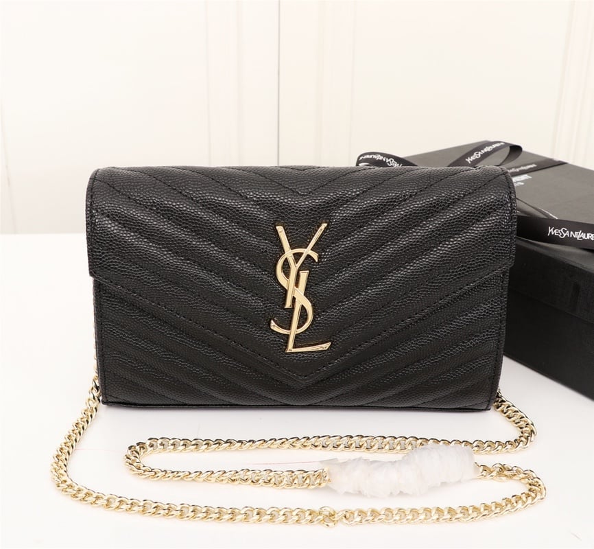 Saint Laurent Cassandre Matelasse Chain Wallet In Grain De Poudre Embossed Black Gold 22Cm 377828 Bow01 1000 view 3