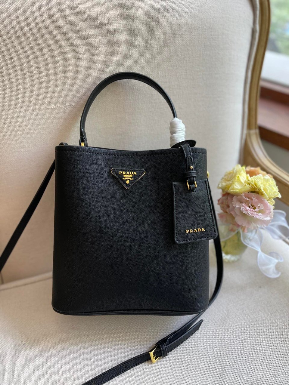 Prada Medium Saffiano Leather Panier Bag Black view 7