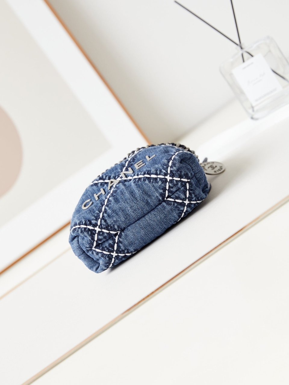 Chanel 22 Mini Backpack Stitched Blue Denim Silver Hardware view 3