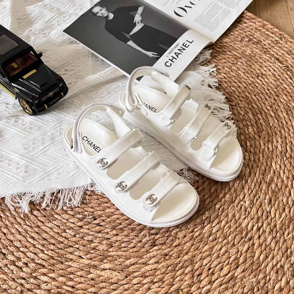 Chanel Triple Velcro Strap Sandals White G45628 view 5