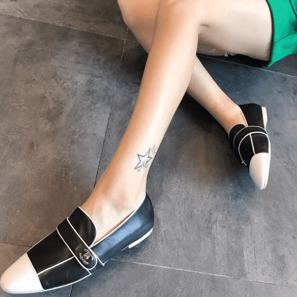 Chanel Leather Cc Cap Toe Slip On Loafers Black view 5