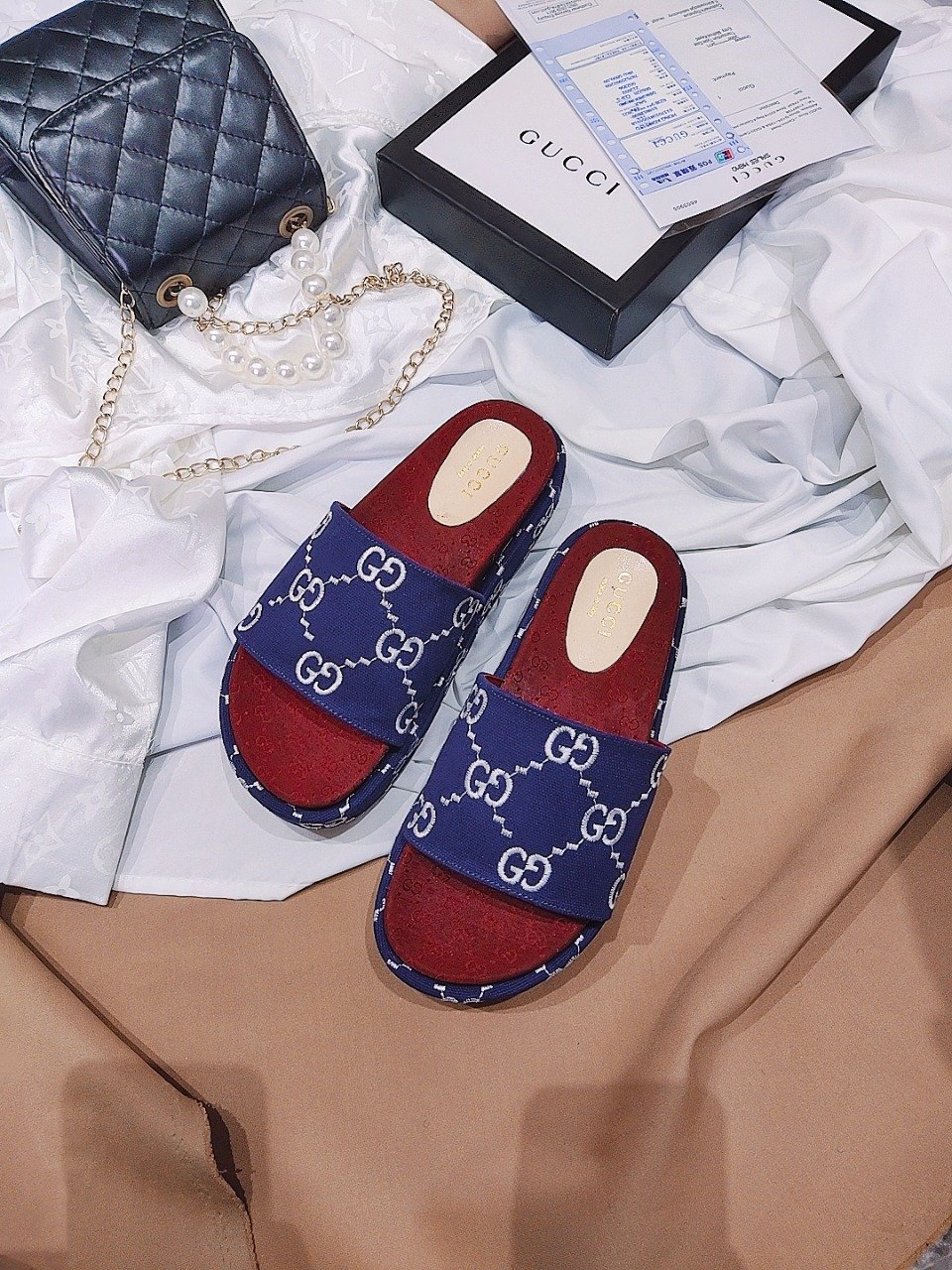 Gucci Women?S With Gg Pattern Slide Sandal Dark Blue view 6
