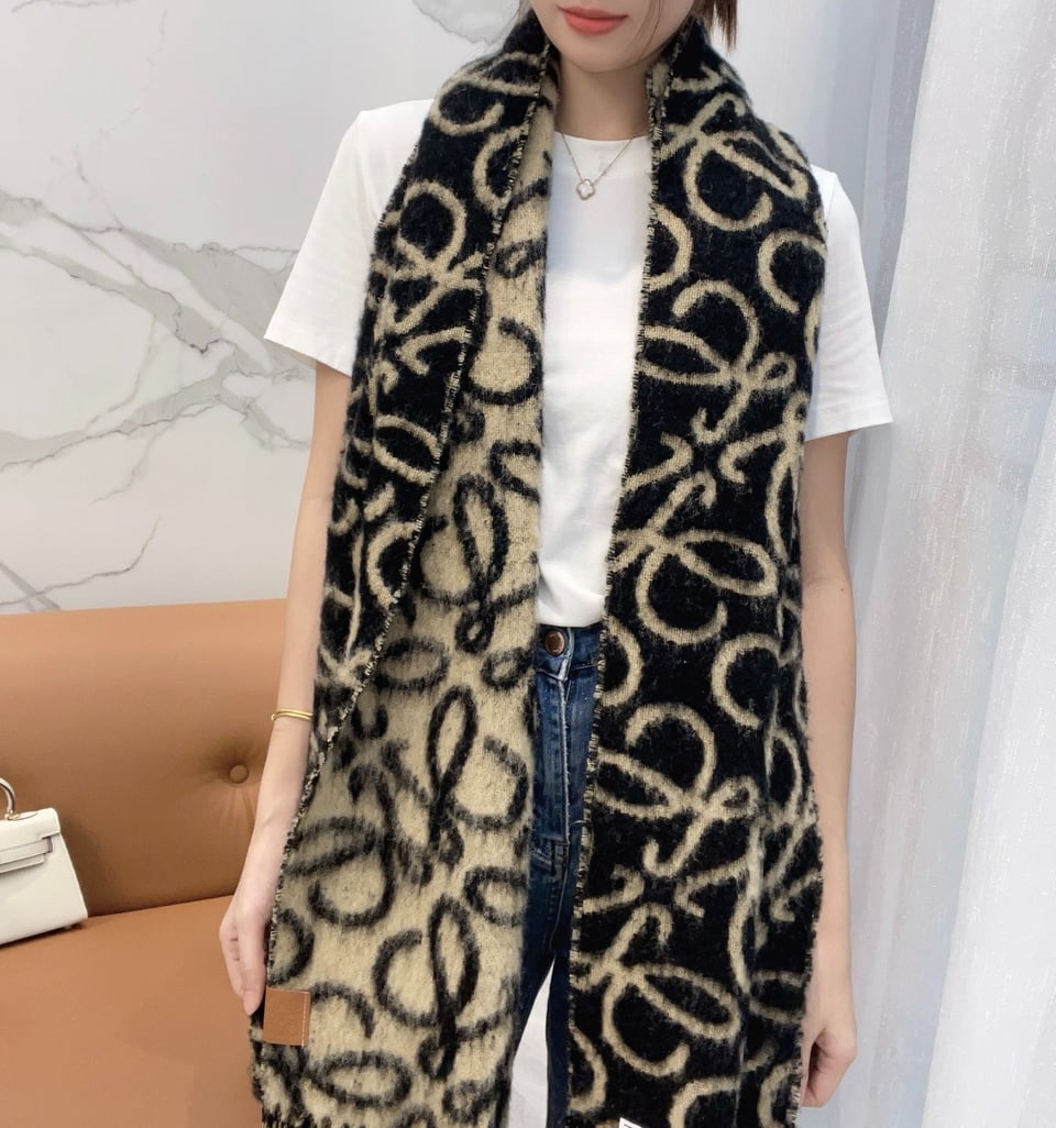 Loewe Mohair Scarf Anagram Black Beige For Women 186cm view 3