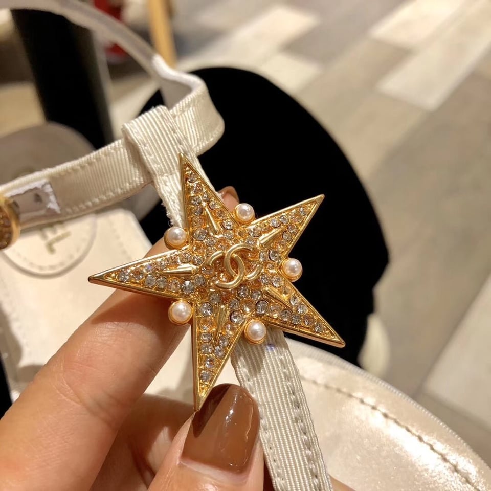 Chanel Crystal Pearl Thongs White Sandals With Gold Star view 6