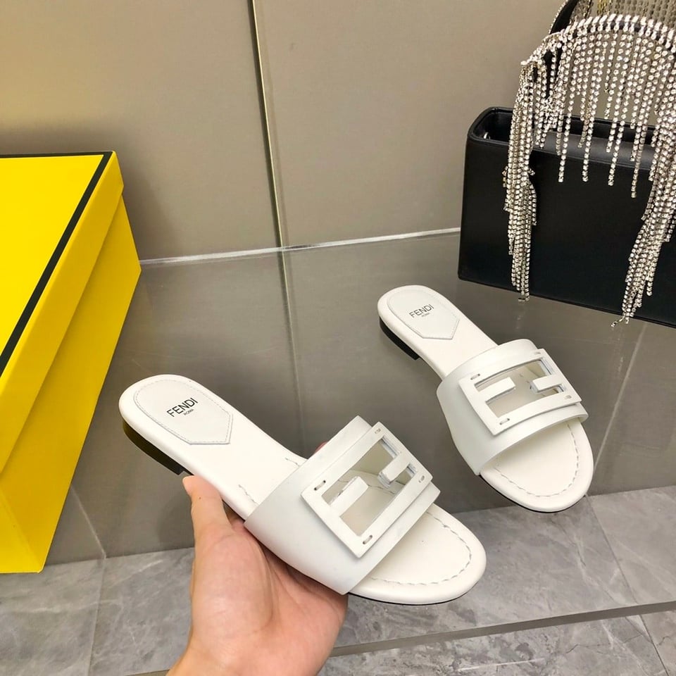 Fendi Baguette White Leather Slides view 10