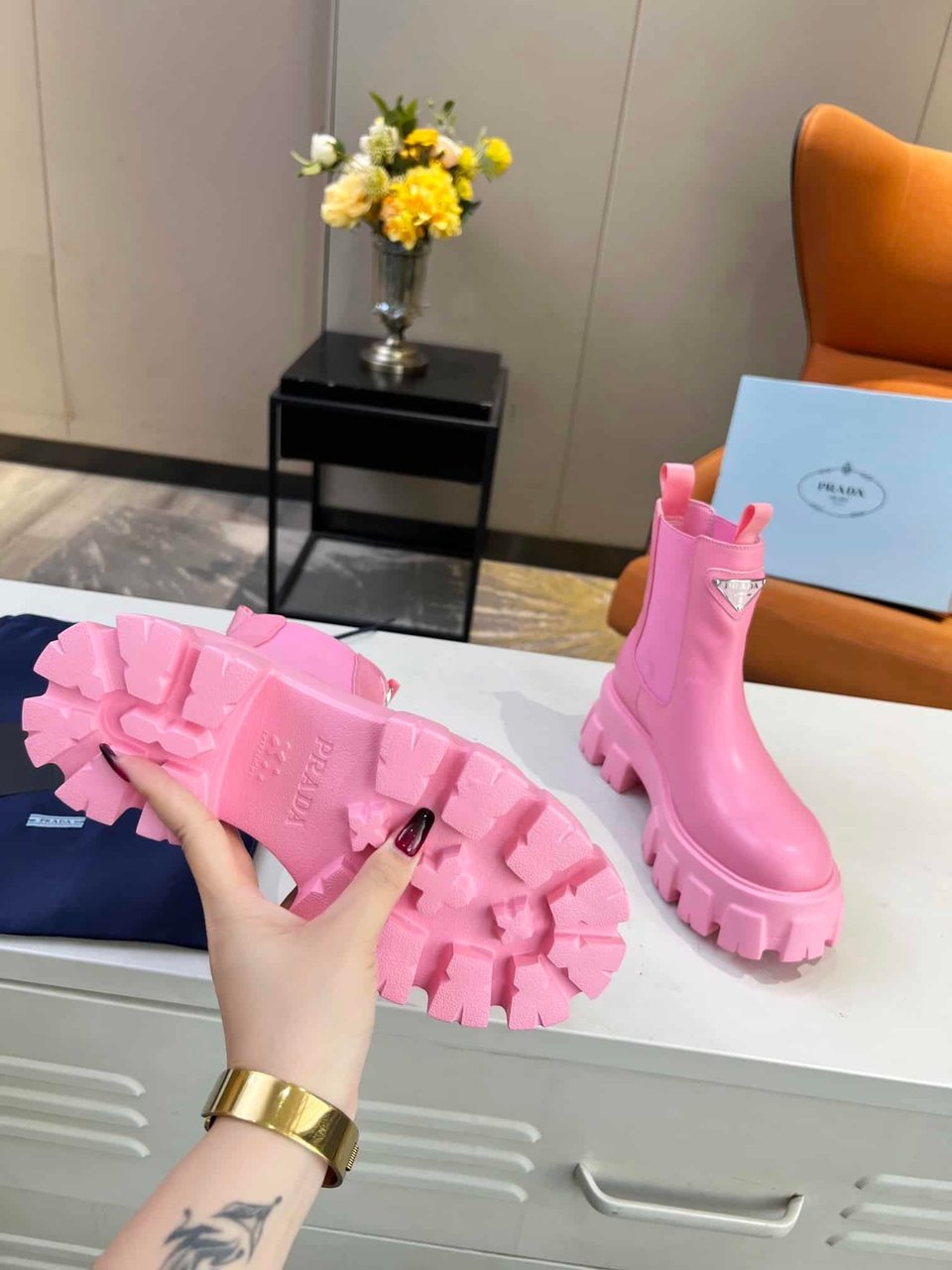 Prada Monolith Brushed Leather Booties Pink view 5
