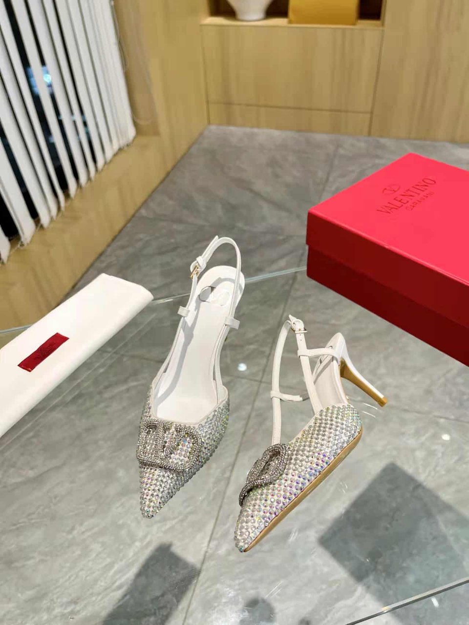 Valentino Vlogo Signature Back Strap Crystal High Heels White view 4