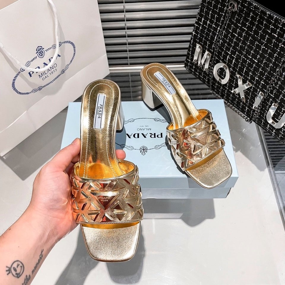 Prada Ciabatte Spazzolato Borchie Sandals Gold view 8