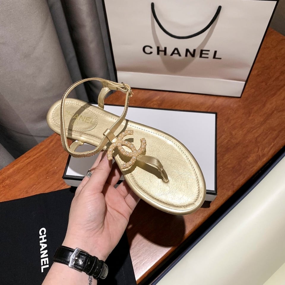 Chanel Gold Pearl Cc Logo Thong Sandals Golden view 5