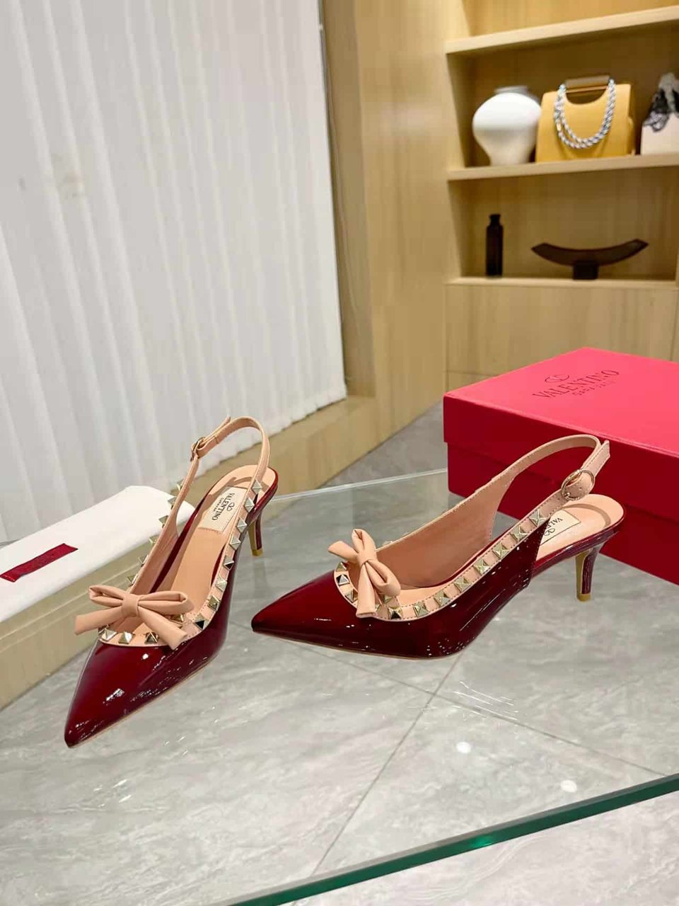Valentino Rockstud Bow Slingback Pump In Patent Leather With Matching Studs Red view 7